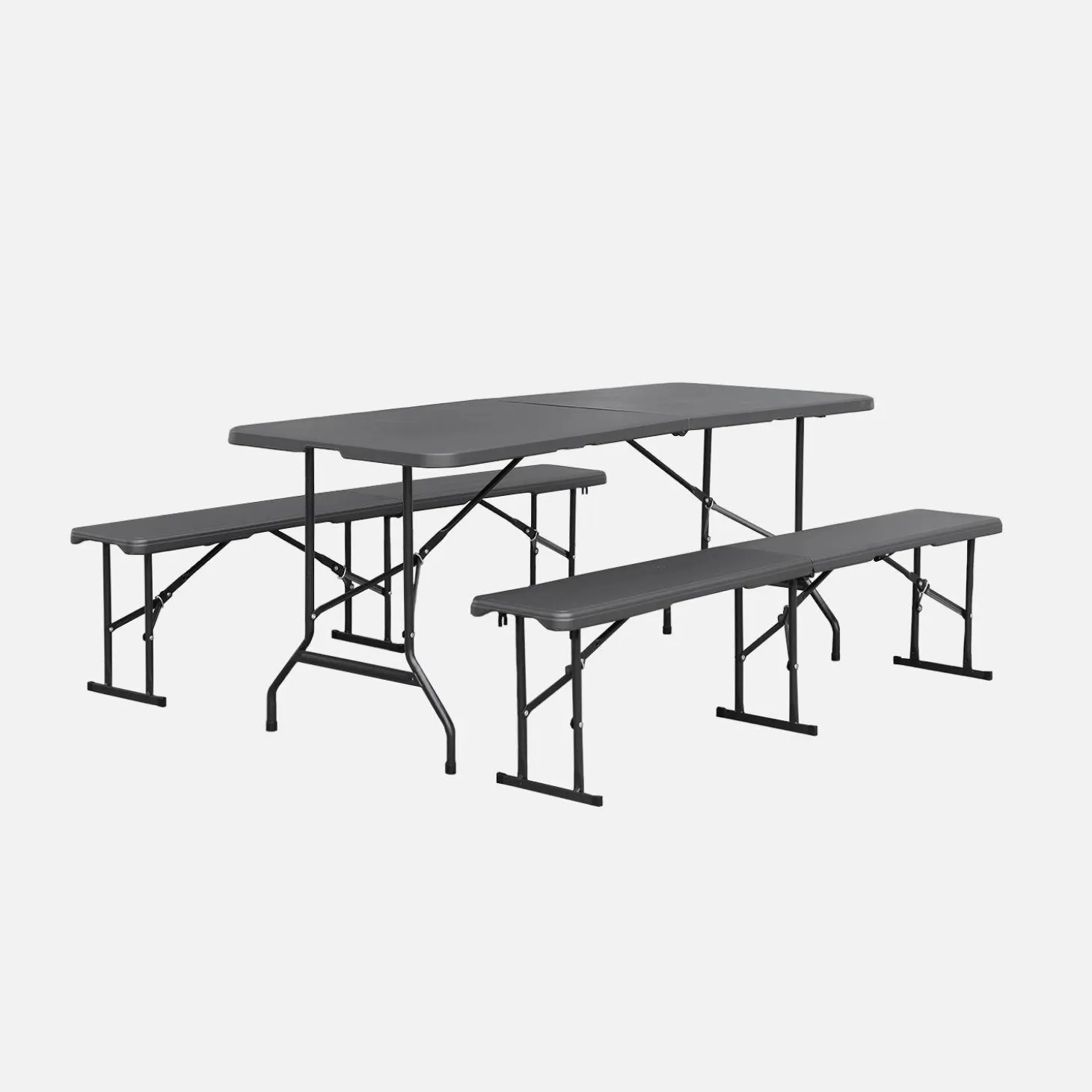 Conjunto de jardim com mesa dobrável para eventos em plástico e aço com 2 bancos, set de 2