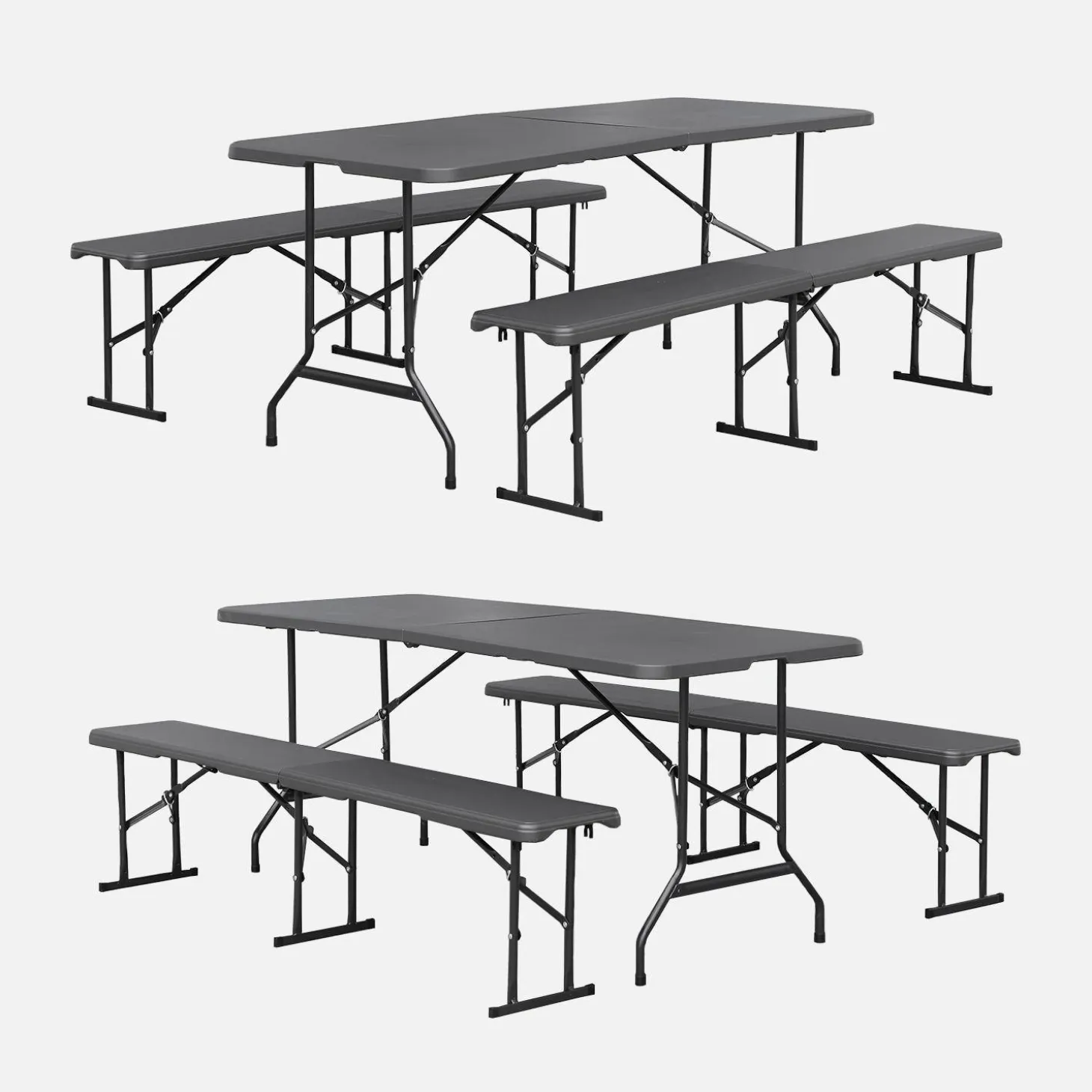 Conjunto de jardim com mesa dobrável para eventos em plástico e aço com 2 bancos, set de 2
