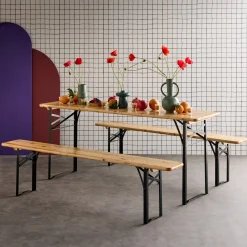 Conjunto de jardim com mesa dobrável para eventos em madeira de abeto com 2 bancos