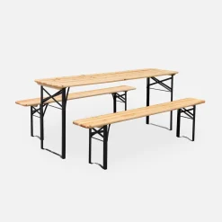 Conjunto de jardim com mesa dobrável para eventos em madeira de abeto com 2 bancos