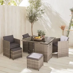 Conjunto de jardim com mesa em tecido de resina com 8 cadeirões