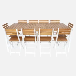 Conjunto de jardim com mesa em madeira de acácia com cantos arredondados com 10 cadeiras