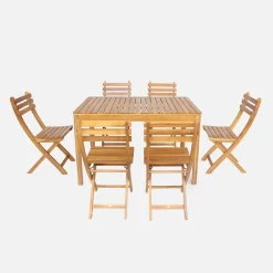 Conjunto de jardim com mesa em madeira de acácia com cantos arredondados com 6 cadeiras