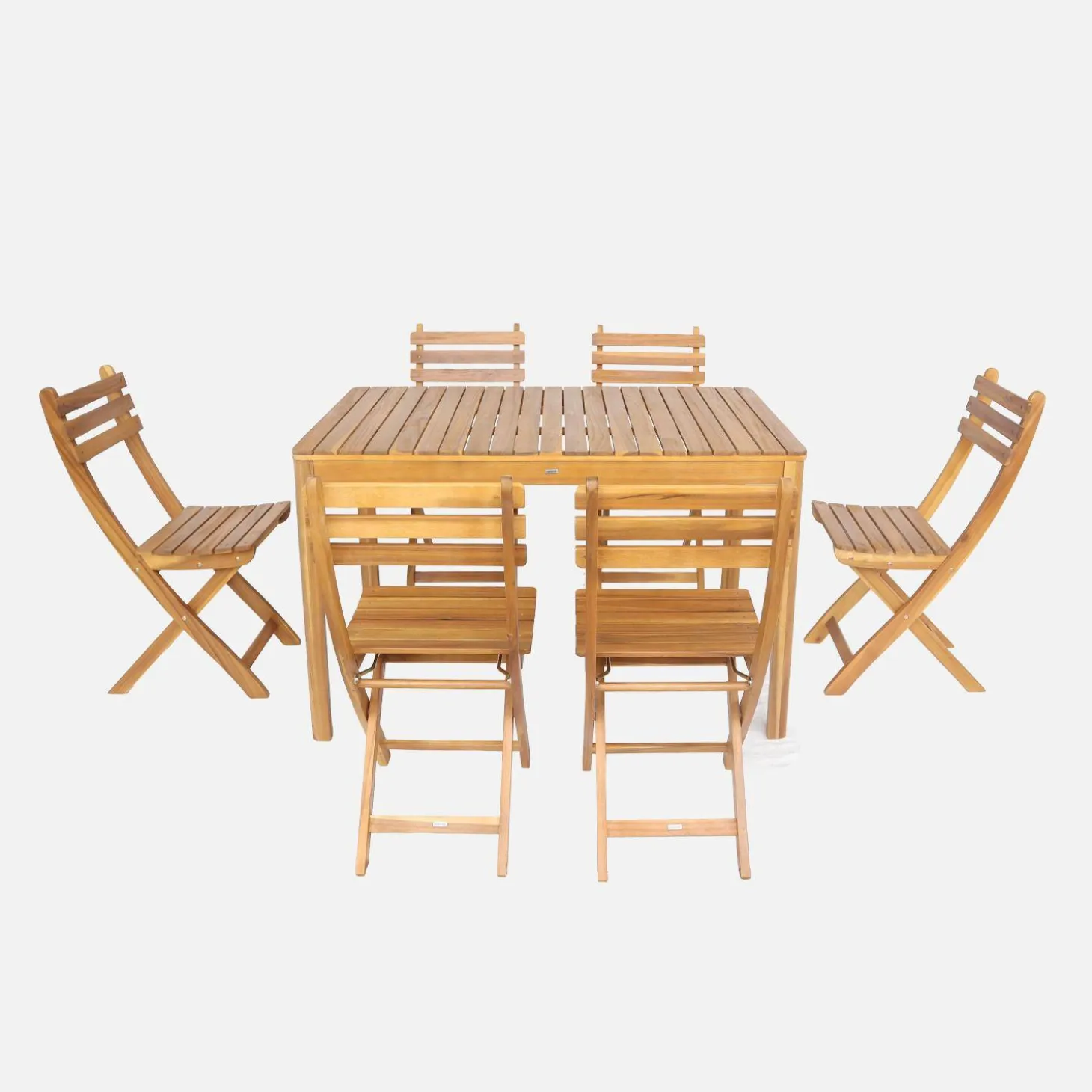Conjunto de jardim com mesa em madeira de acácia com cantos arredondados com 6 cadeiras