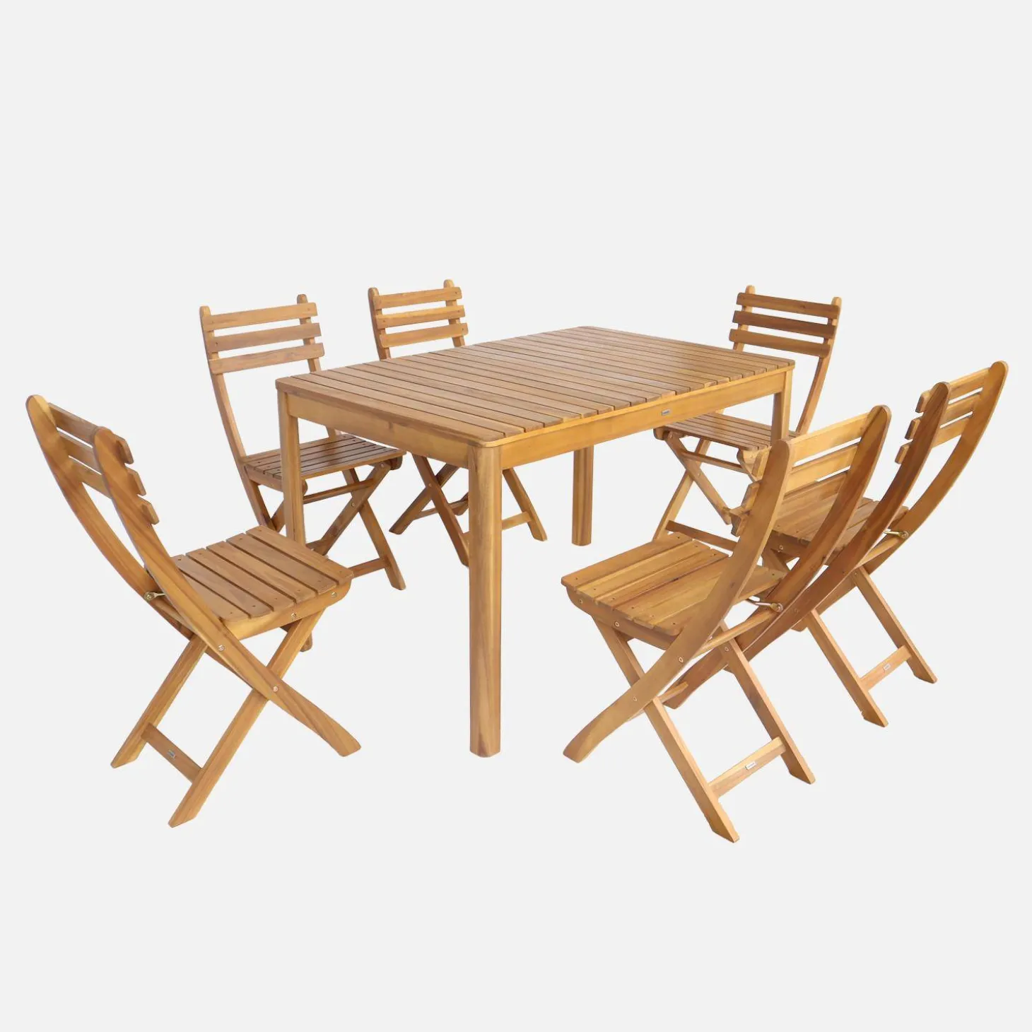 Conjunto de jardim com mesa em madeira de acácia com cantos arredondados com 6 cadeiras