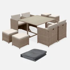 Conjunto de jardim com mesa em tecido de resina com 8 cadeirões + capa de proteção