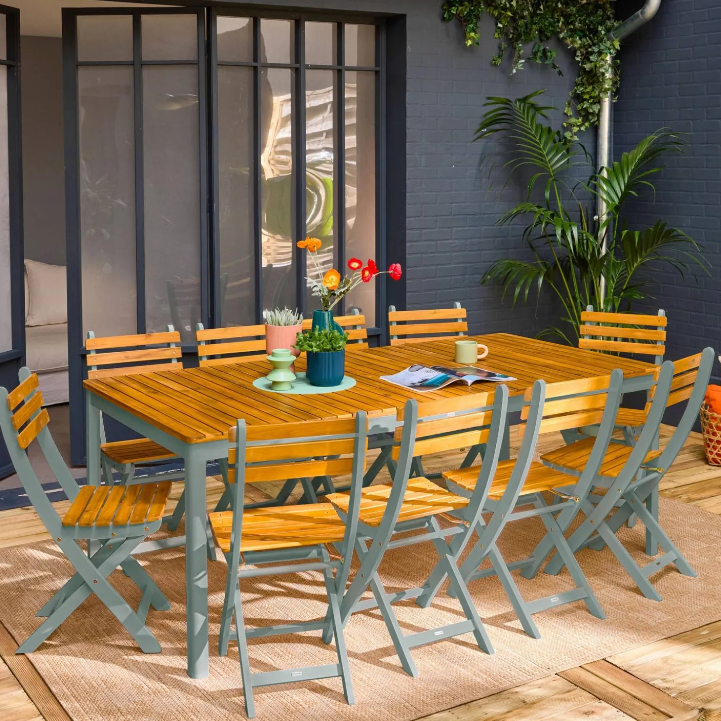 Conjunto de jardim com mesa em madeira de acácia com cantos arredondados com 10 cadeiras
