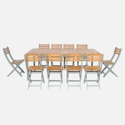 Conjunto de jardim com mesa em madeira de acácia com cantos arredondados com 10 cadeiras