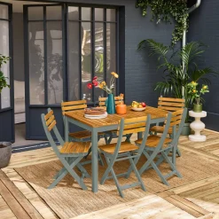 Conjunto de jardim com mesa em madeira de acácia com cantos arredondados com 6 cadeiras