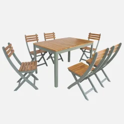 Conjunto de jardim com mesa em madeira de acácia com cantos arredondados com 6 cadeiras