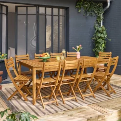 Conjunto de jardim com mesa em madeira de acácia com cantos arredondados com 10 cadeiras