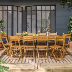 Conjunto de jardim com mesa em madeira de acácia com cantos arredondados com 10 cadeiras