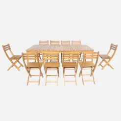 Conjunto de jardim com mesa em madeira de acácia com cantos arredondados com 10 cadeiras