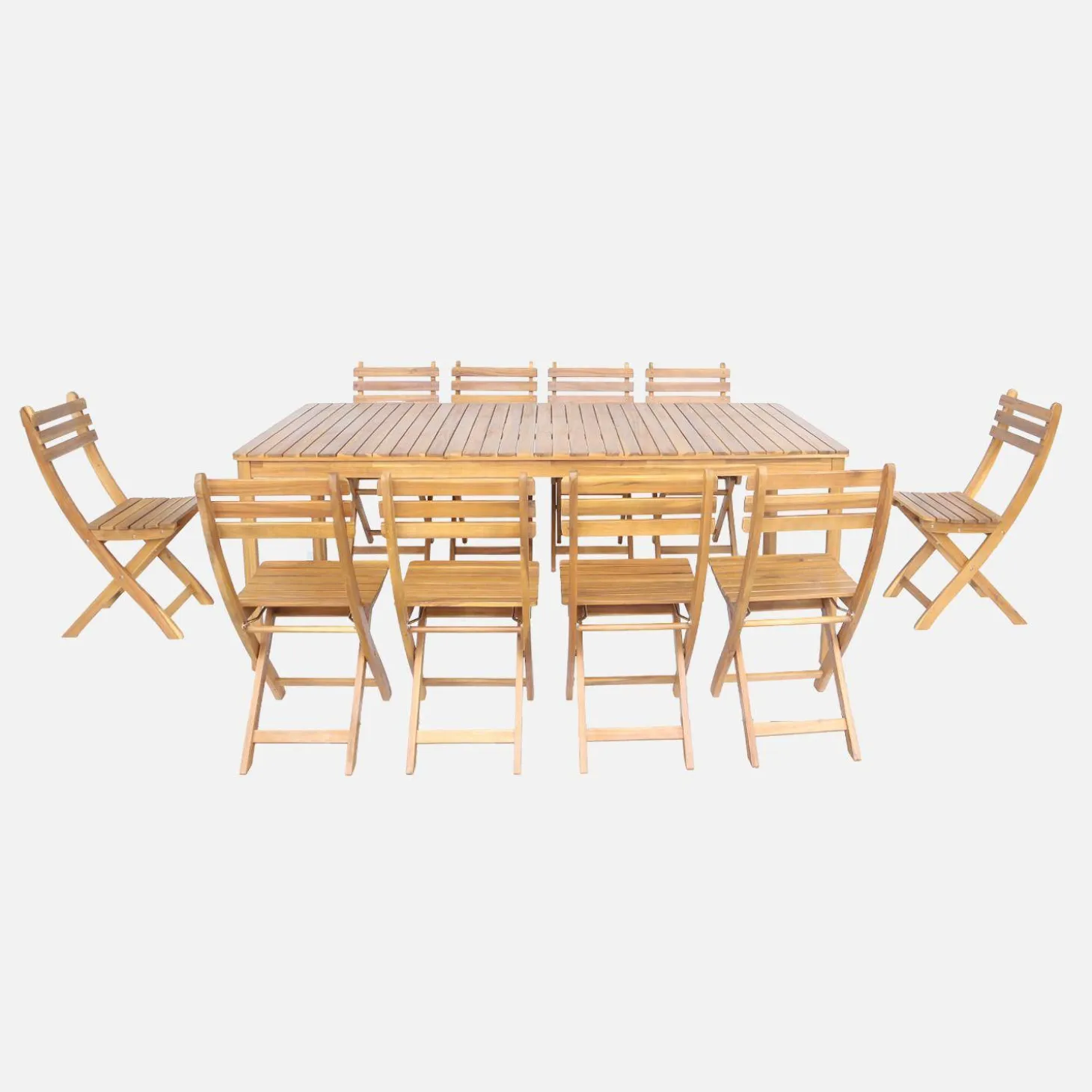 Conjunto de jardim com mesa em madeira de acácia com cantos arredondados com 10 cadeiras