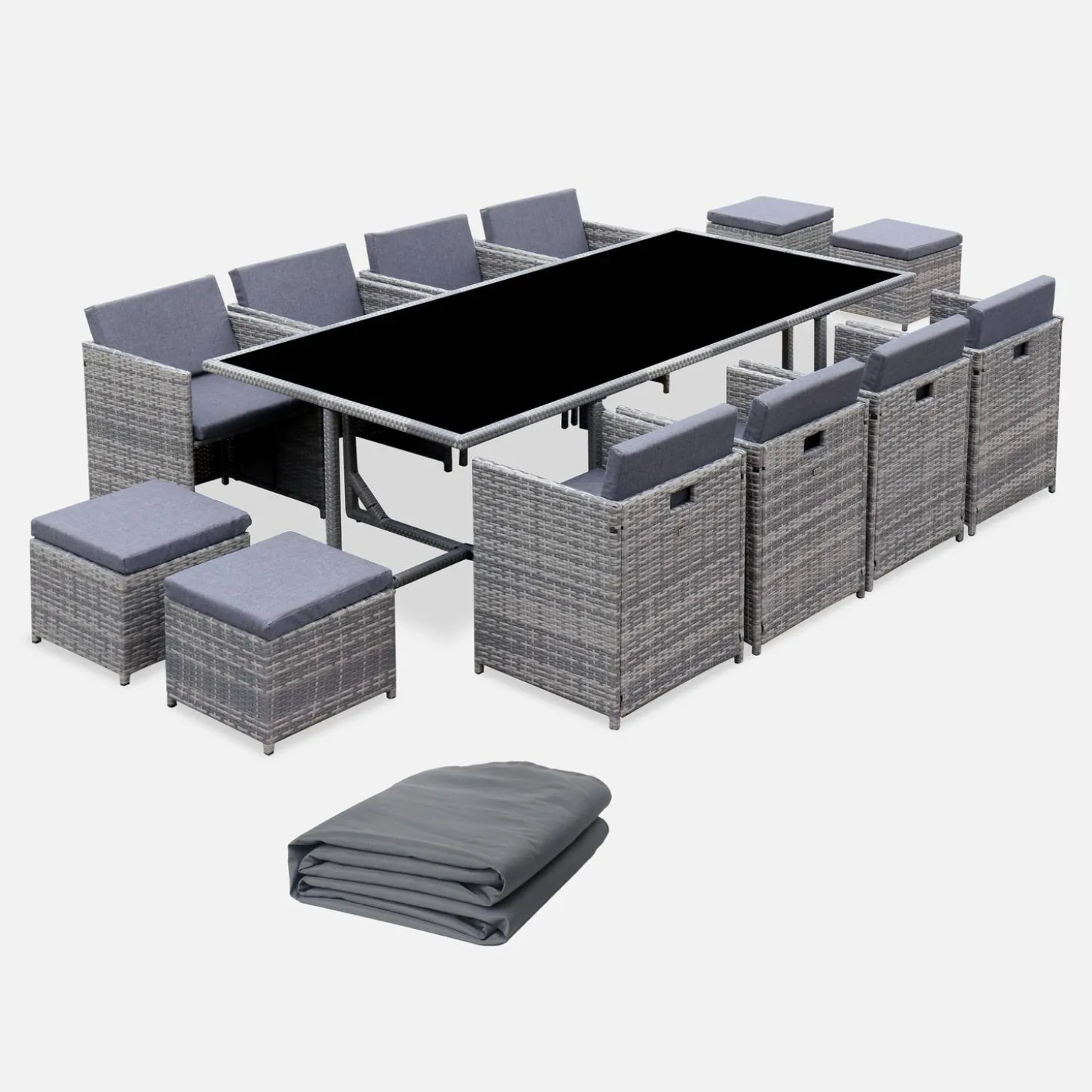 Conjunto de jardim com mesa em tecido de resina com 12 cadeirões + capa de proteção