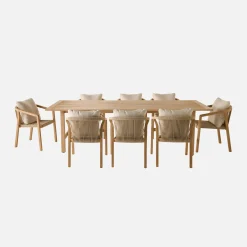 Conjunto de jardim com mesa em madeira de eucalipto e cordas com 8 cadeiras