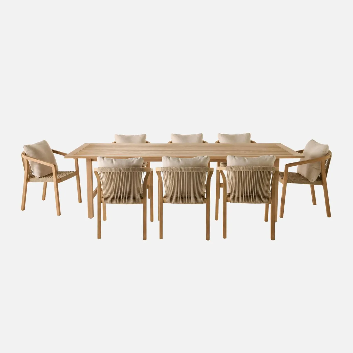 Conjunto de jardim com mesa em madeira de eucalipto e cordas com 8 cadeiras