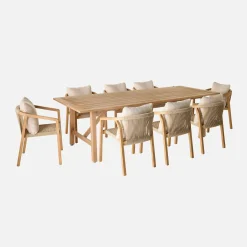 Conjunto de jardim com mesa em madeira de eucalipto e cordas com 8 cadeiras