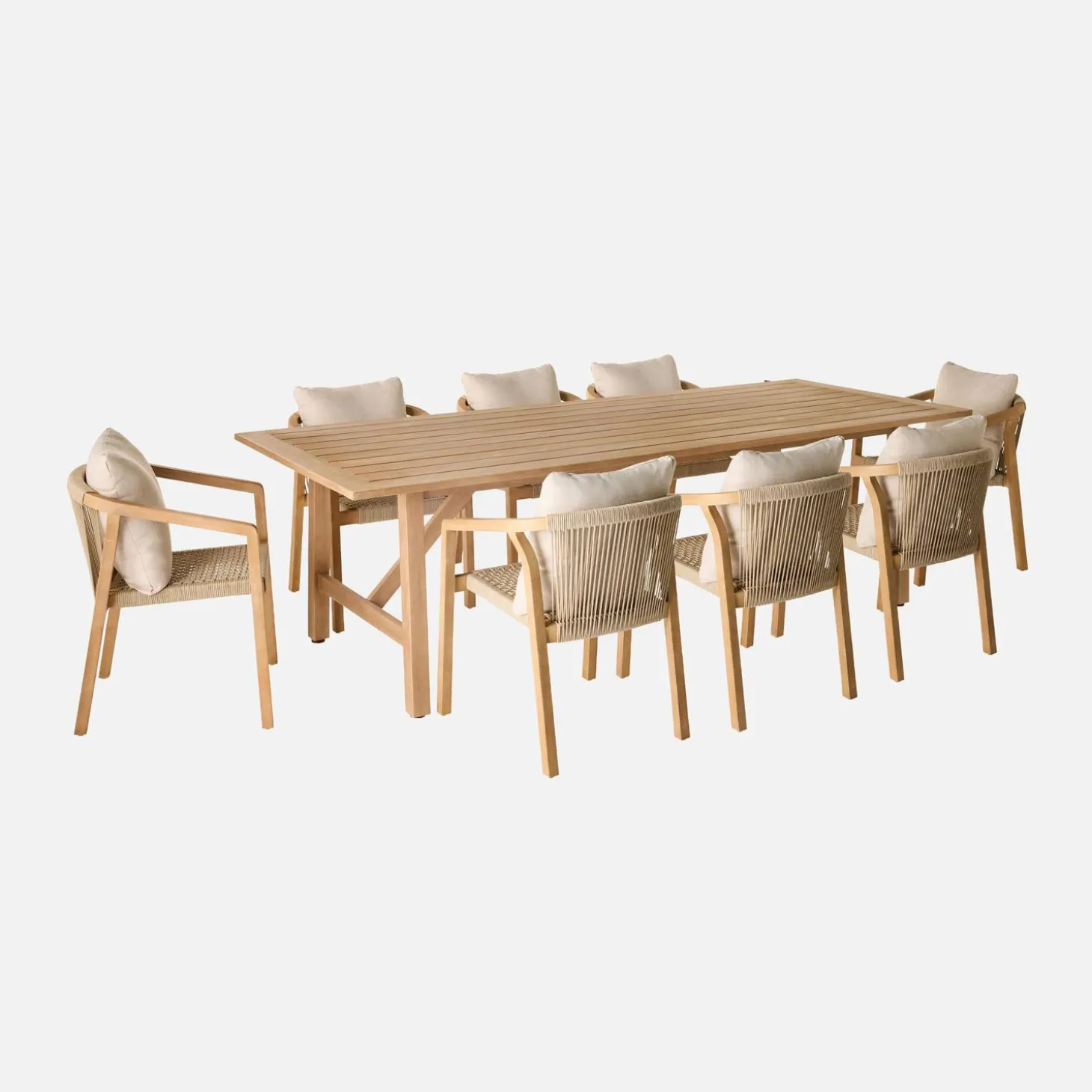 Conjunto de jardim com mesa em madeira de eucalipto e cordas com 8 cadeiras