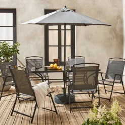 Conjunto de jardim com mesa em aço com 6 cadeiras e 1 guarda-sol