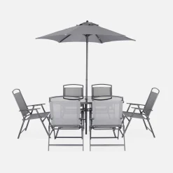 Conjunto de jardim com mesa em aço com 6 cadeiras e 1 guarda-sol