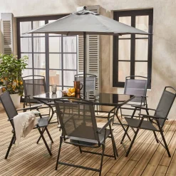 Conjunto de jardim com mesa em aço com 6 cadeiras e 1 guarda-sol