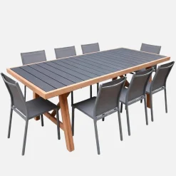 Conjunto de jardim com mesa em madeira de seringueira e alumínio com 8 cadeiras