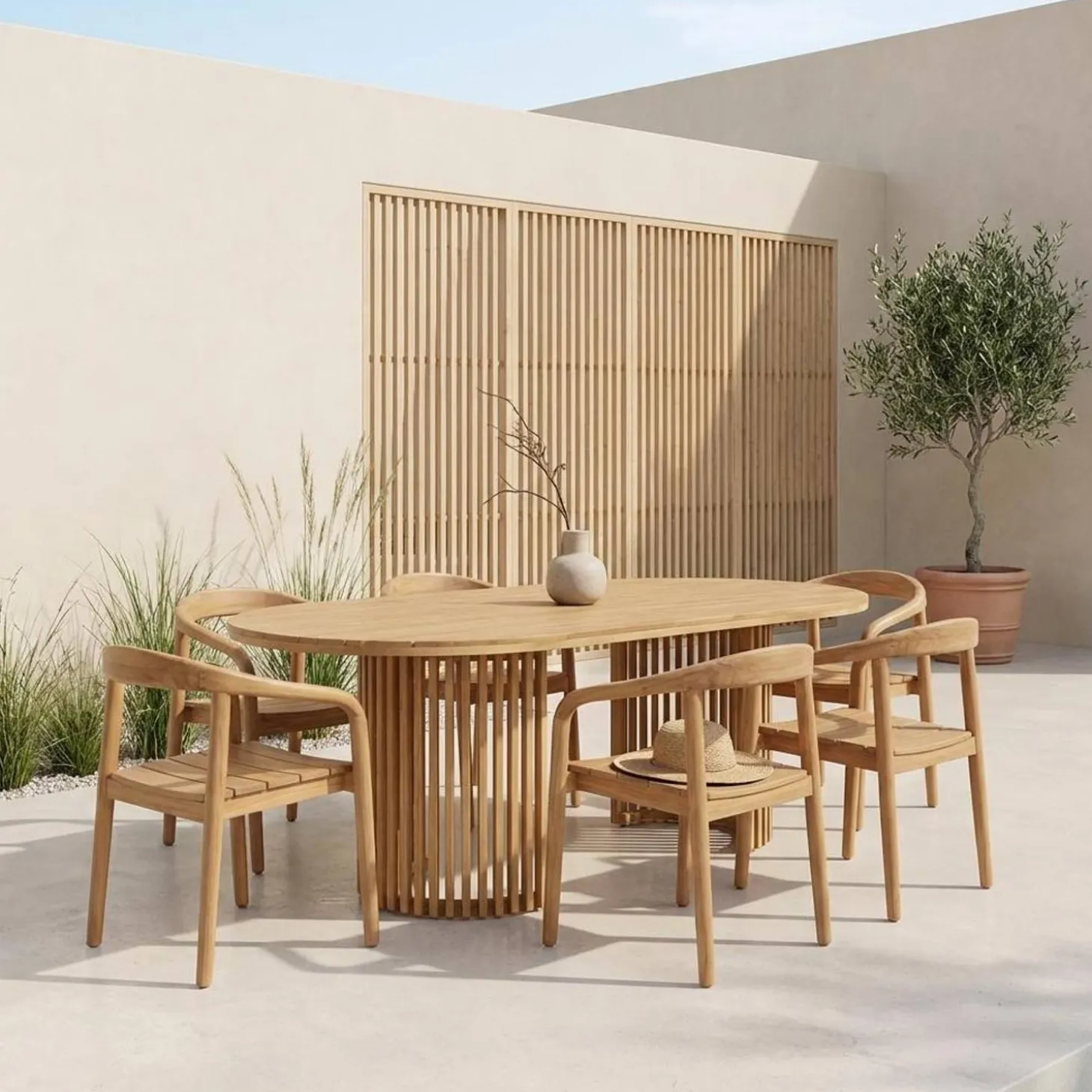 Conjunto de jardim com mesa em madeira de acácia com 6 cadeiras