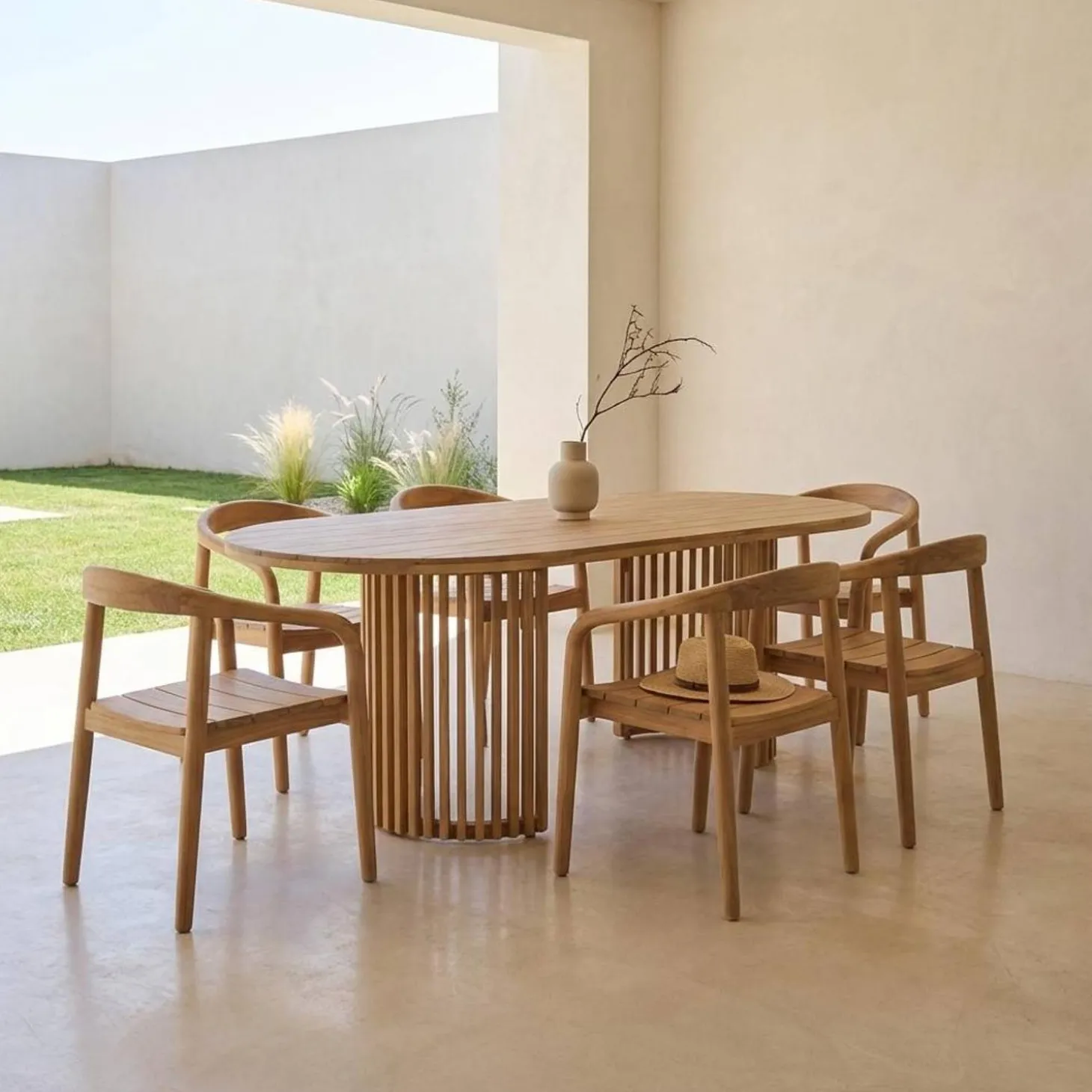 Conjunto de jardim com mesa em madeira de acácia com 6 cadeiras