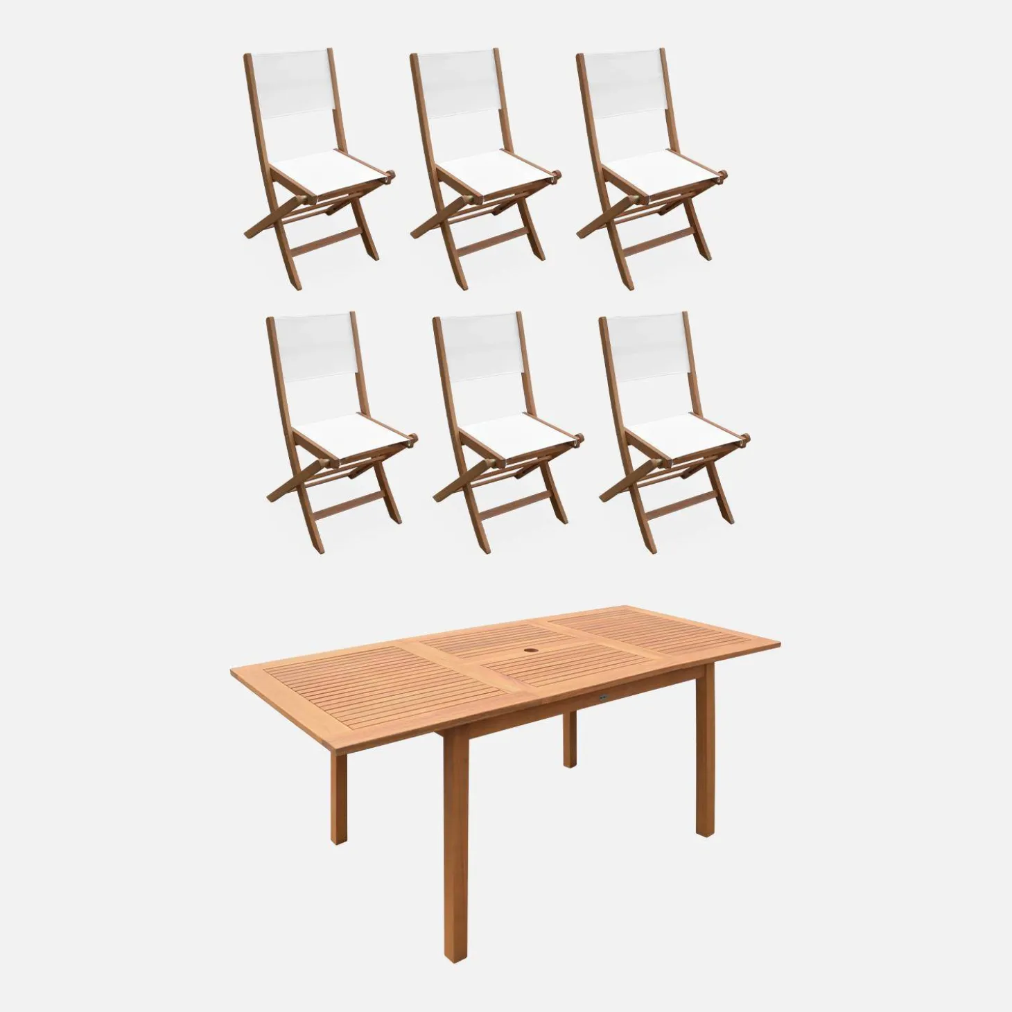 Conjunto de jardim com mesa extensível em madeira de eucalipto com 6 cadeiras