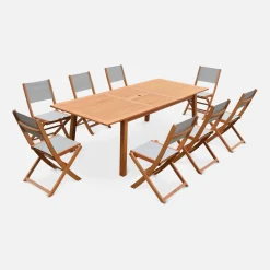 Conjunto de jardim com mesa extensível em madeira com 8 cadeiras