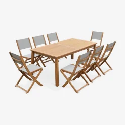 Conjunto de jardim com mesa extensível em madeira com 8 cadeiras