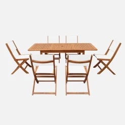 Conjunto de jardim com mesa extensível em madeira de eucalipto com 6 cadeiras
