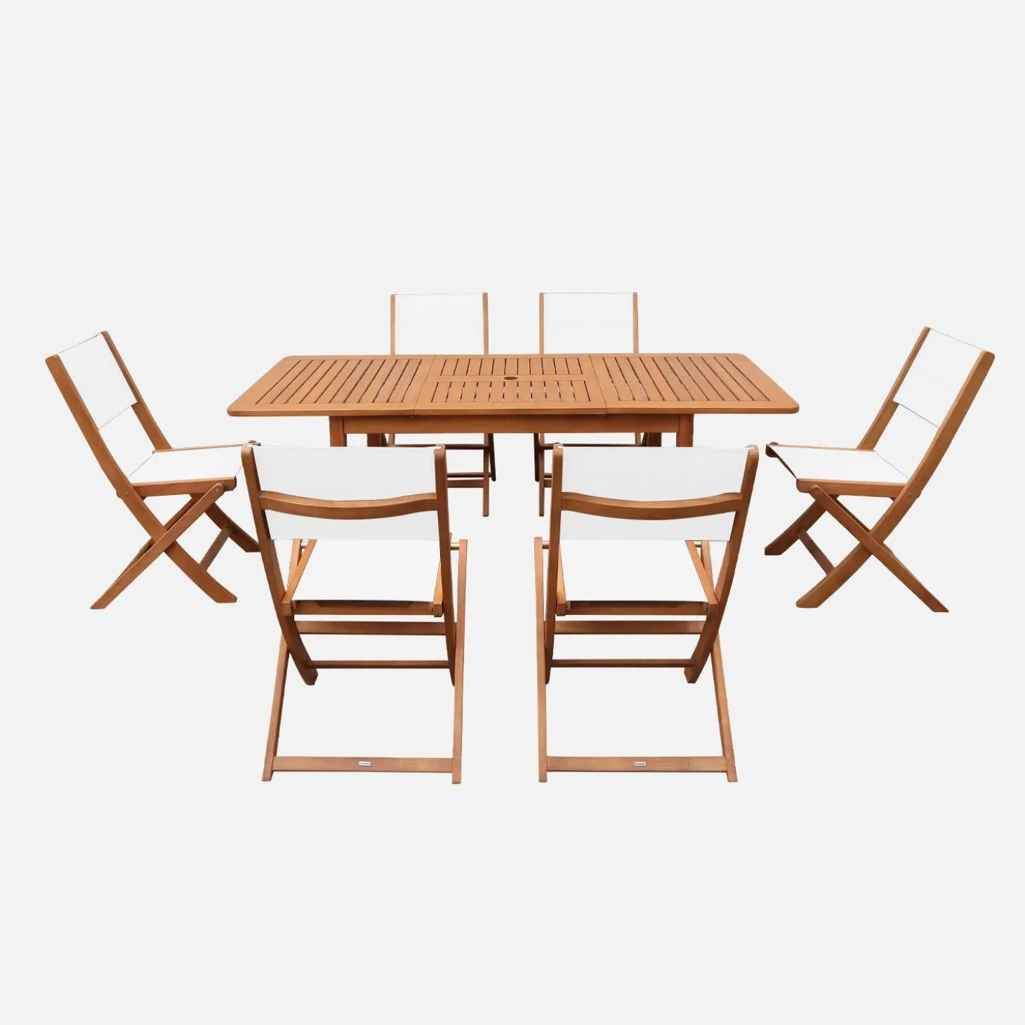 Conjunto de jardim com mesa extensível em madeira de eucalipto com 6 cadeiras