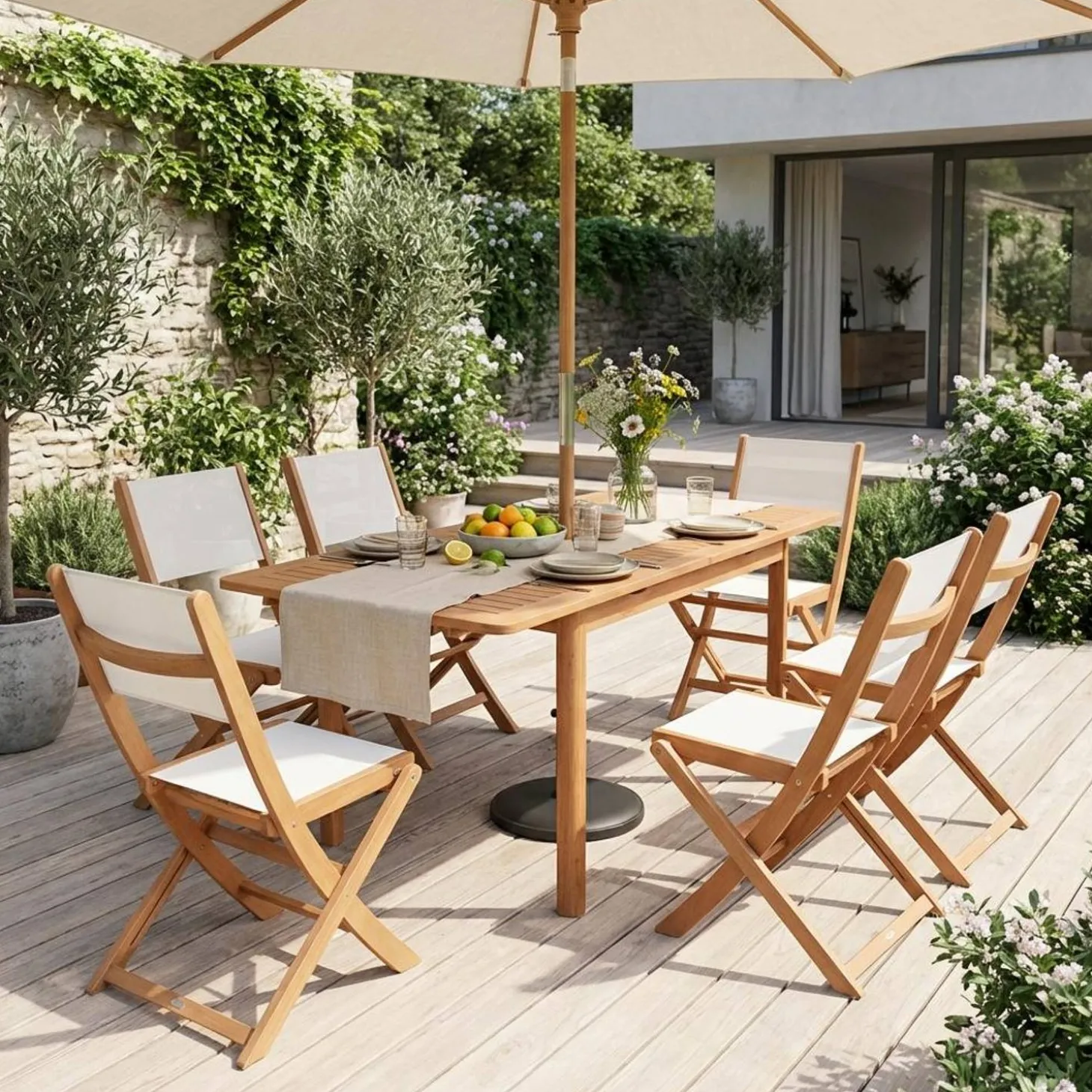 Conjunto de jardim com mesa extensível em madeira de eucalipto com 6 cadeiras
