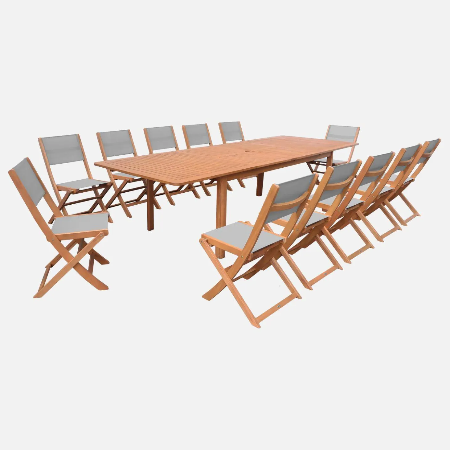 Conjunto de jardim com mesa extensível em madeira de eucalipto com 12 cadeiras