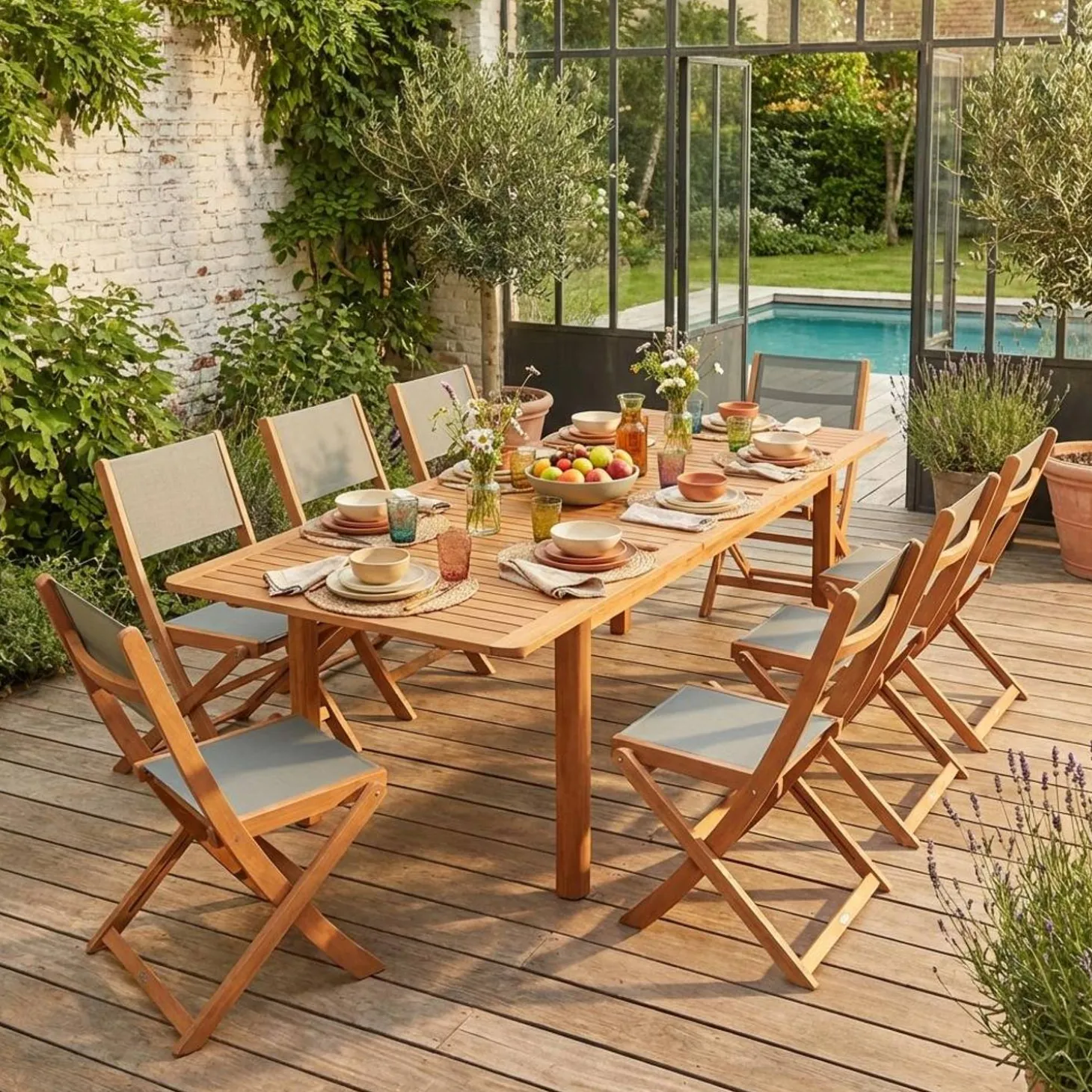 Conjunto de jardim com mesa extensível em madeira de eucalipto com 8 cadeiras