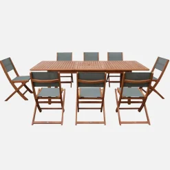 Conjunto de jardim com mesa extensível em madeira de eucalipto com 8 cadeiras