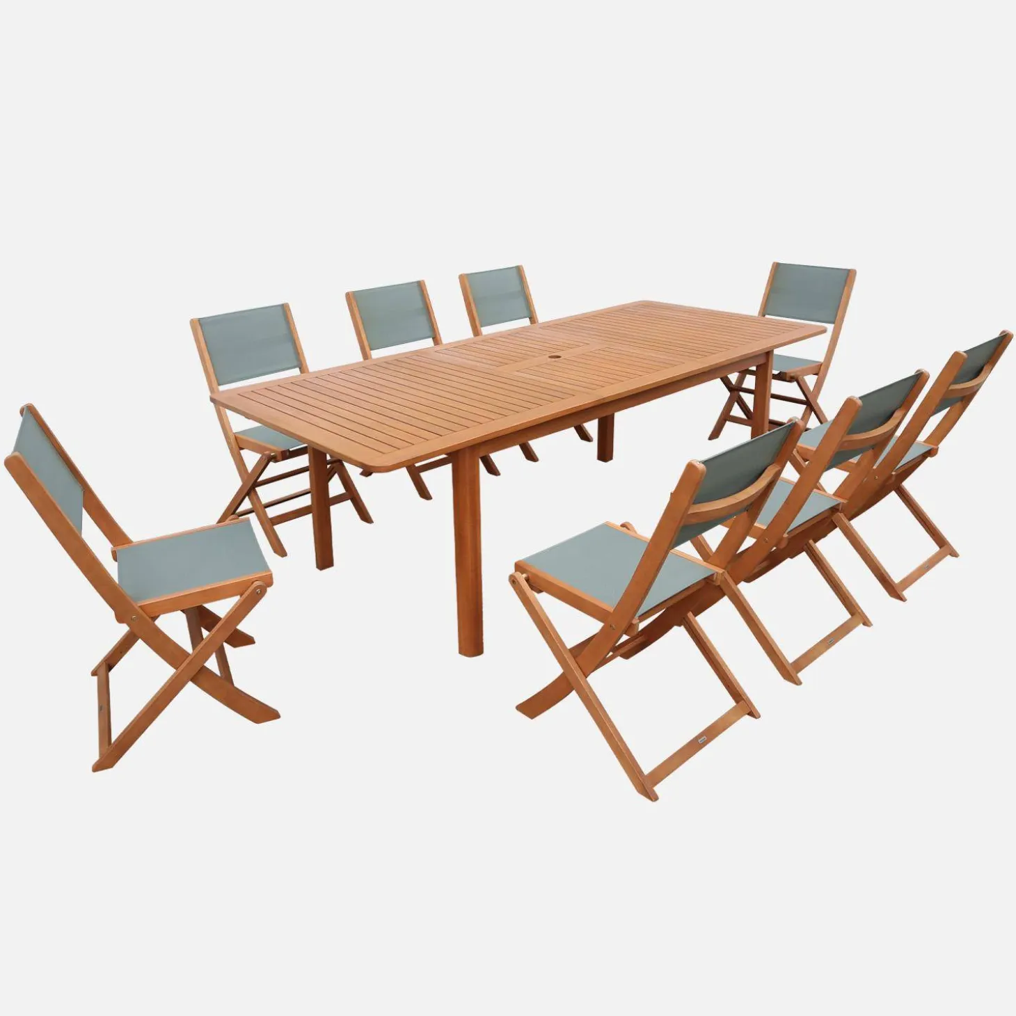 Conjunto de jardim com mesa extensível em madeira de eucalipto com 8 cadeiras