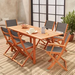 Conjunto de jardim com mesa extensível em madeira com 6 cadeiras