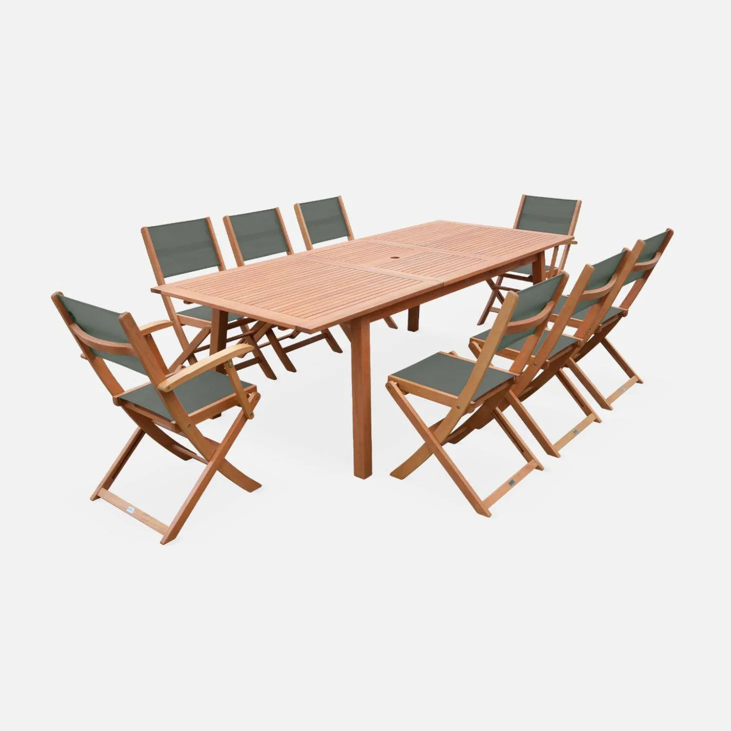 Conjunto de jardim com mesa extensível em madeira com 8 cadeiras