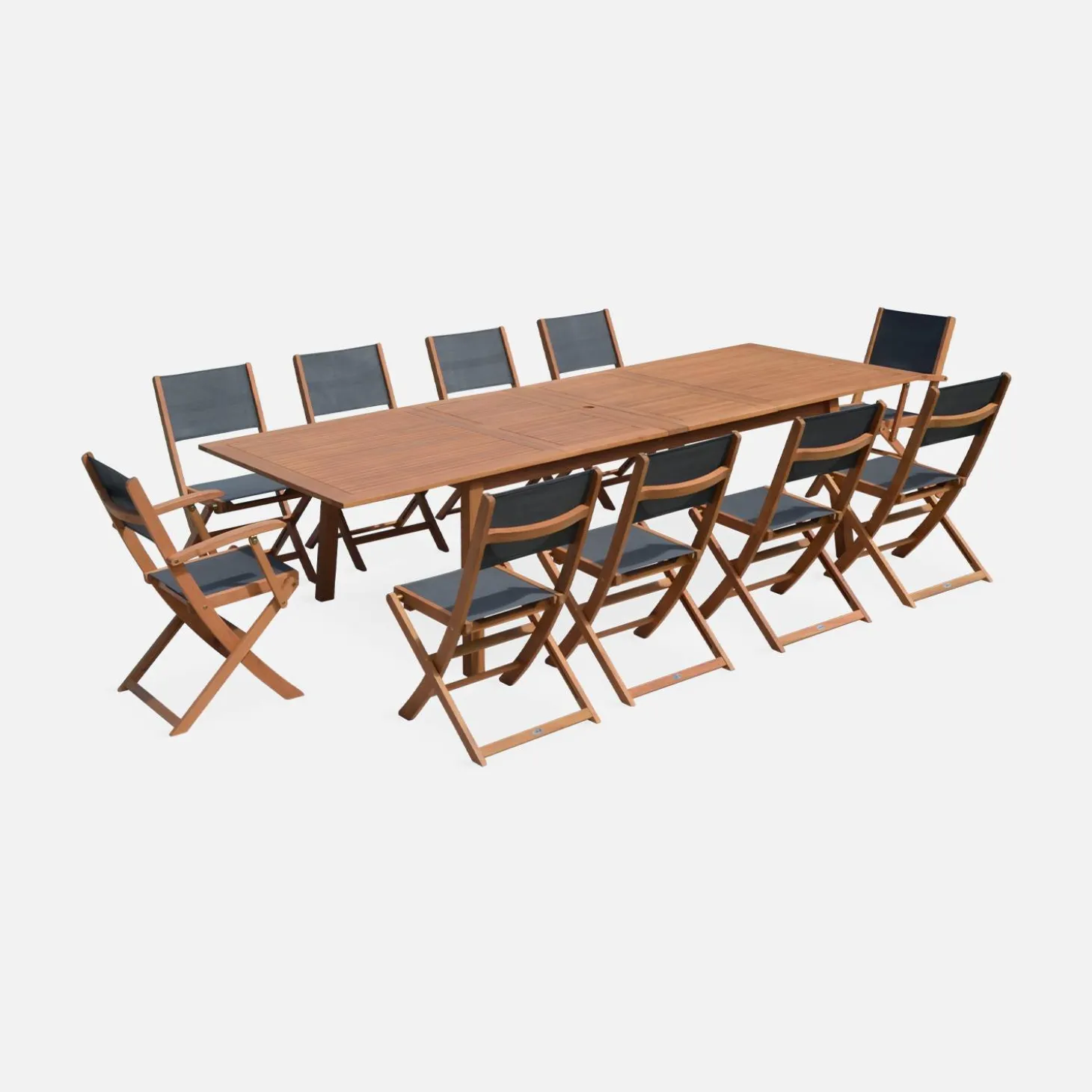 Conjunto de jardim com mesa extensível em madeira com 10 cadeiras