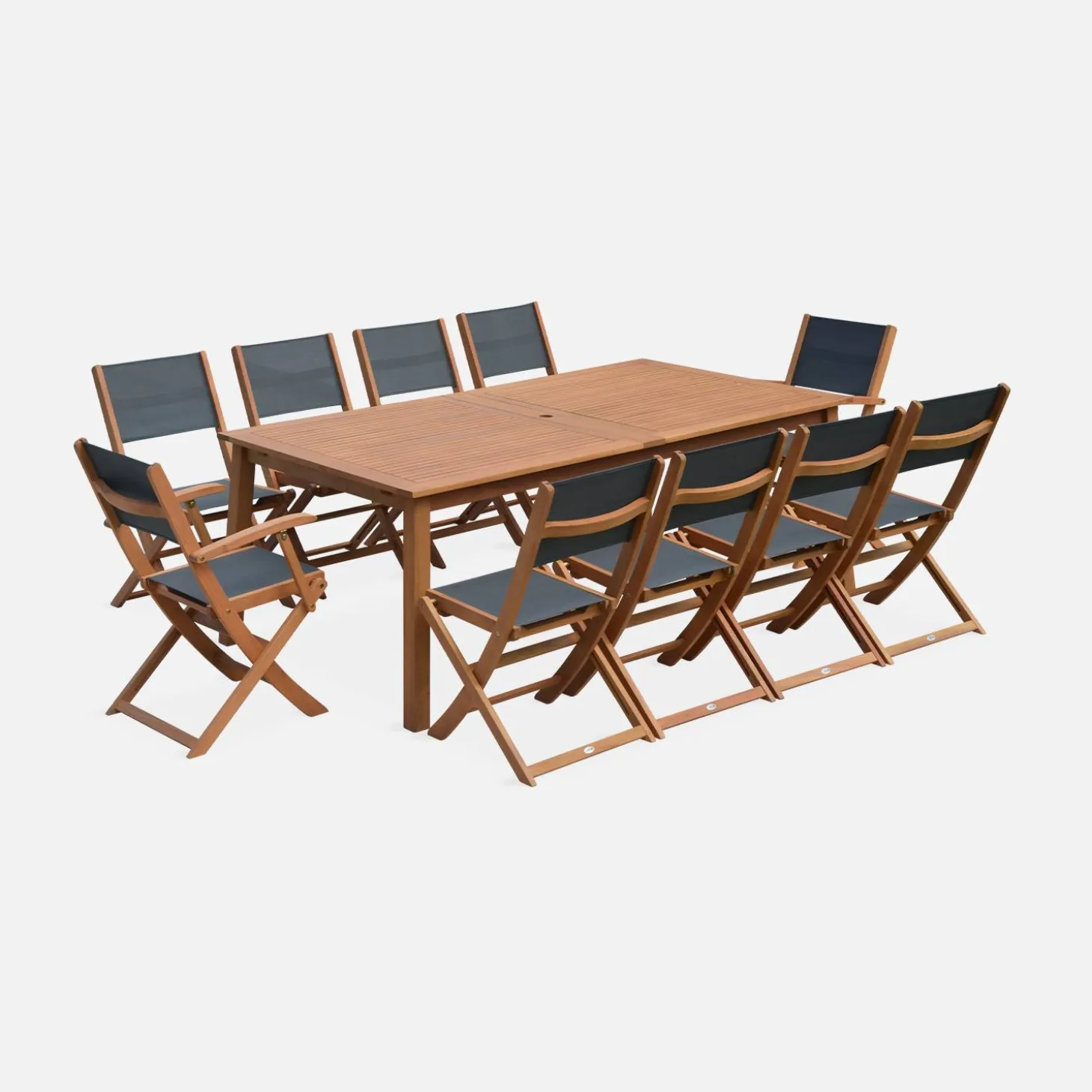 Conjunto de jardim com mesa extensível em madeira com 10 cadeiras