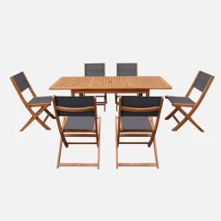 Conjunto de jardim com mesa extensível em madeira de eucalipto com 6 cadeiras