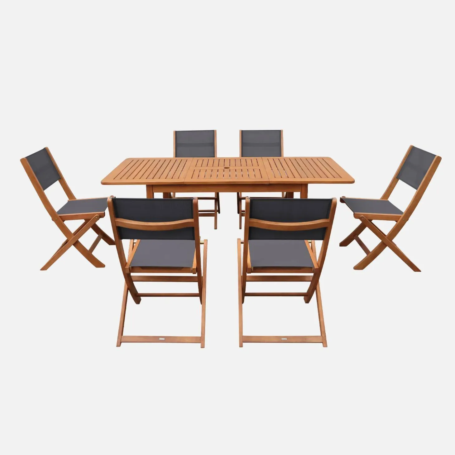 Conjunto de jardim com mesa extensível em madeira de eucalipto com 6 cadeiras