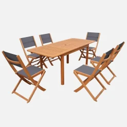 Conjunto de jardim com mesa extensível em madeira de eucalipto com 6 cadeiras