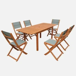Conjunto de jardim com mesa extensível em madeira de eucalipto com 6 cadeiras