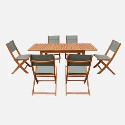 Conjunto de jardim com mesa extensível em madeira de eucalipto com 6 cadeiras