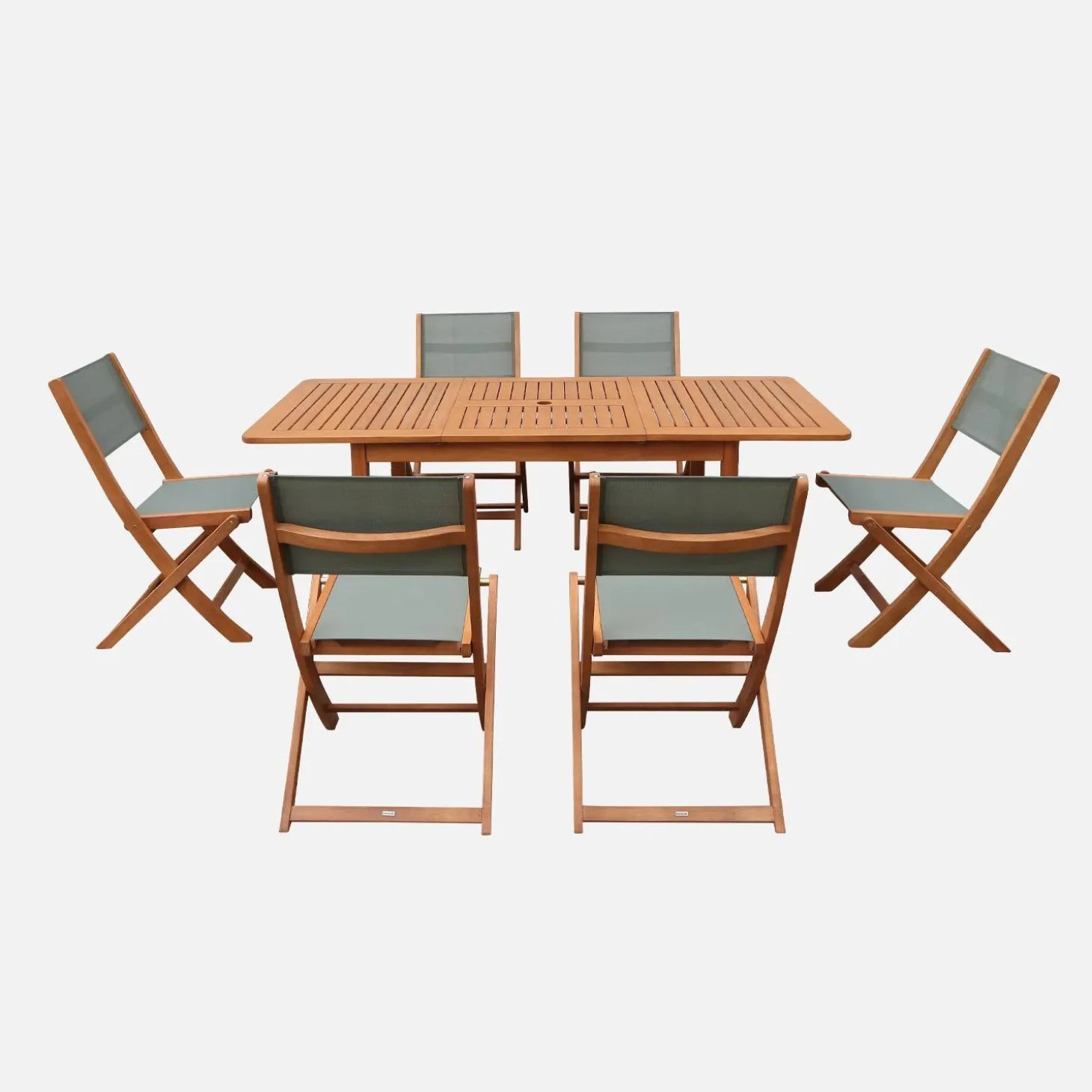 Conjunto de jardim com mesa extensível em madeira de eucalipto com 6 cadeiras