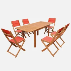 Conjunto de jardim com mesa extensível em madeira de eucalipto com 6 cadeiras